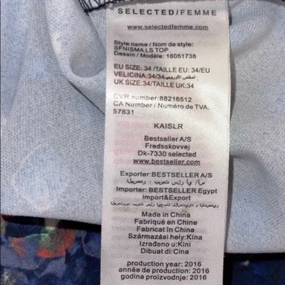 Selected Femme Blouse Small 34 long sleeve Black Blue abstract flower pattern - Picture 4 of 4